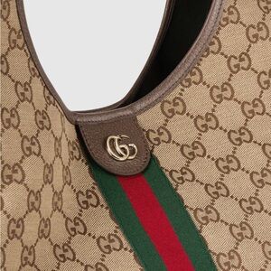 Gucci Beige and Brown Monogram Bag with Red and Green Stripe